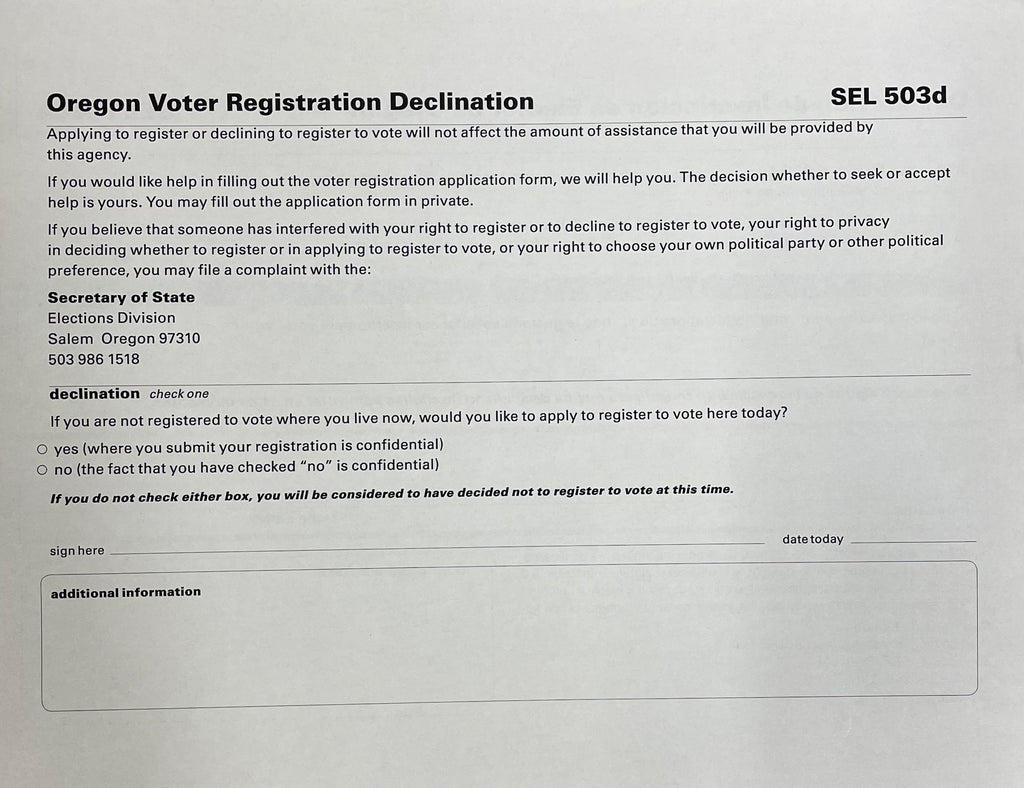 Oregon Voter Registration Declination Only (SEL-503d and SEL-503da) - OUT OF STOCK