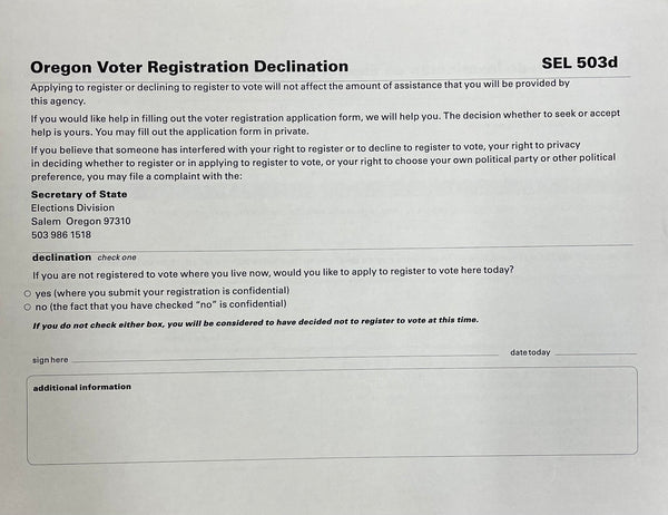 Oregon Voter Registration Declination Only (SEL-503d and SEL-503da) - OUT OF STOCK