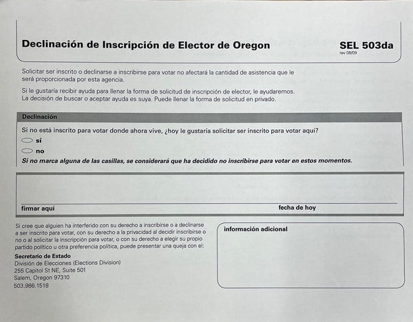 Oregon Voter Registration Declination Only (SEL-503d and SEL-503da) - OUT OF STOCK