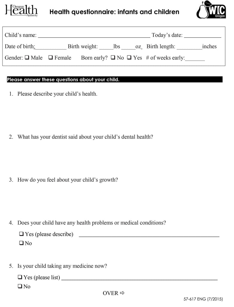 Health Questionnaire: Infants and Children - DOWNLOAD ONLY
