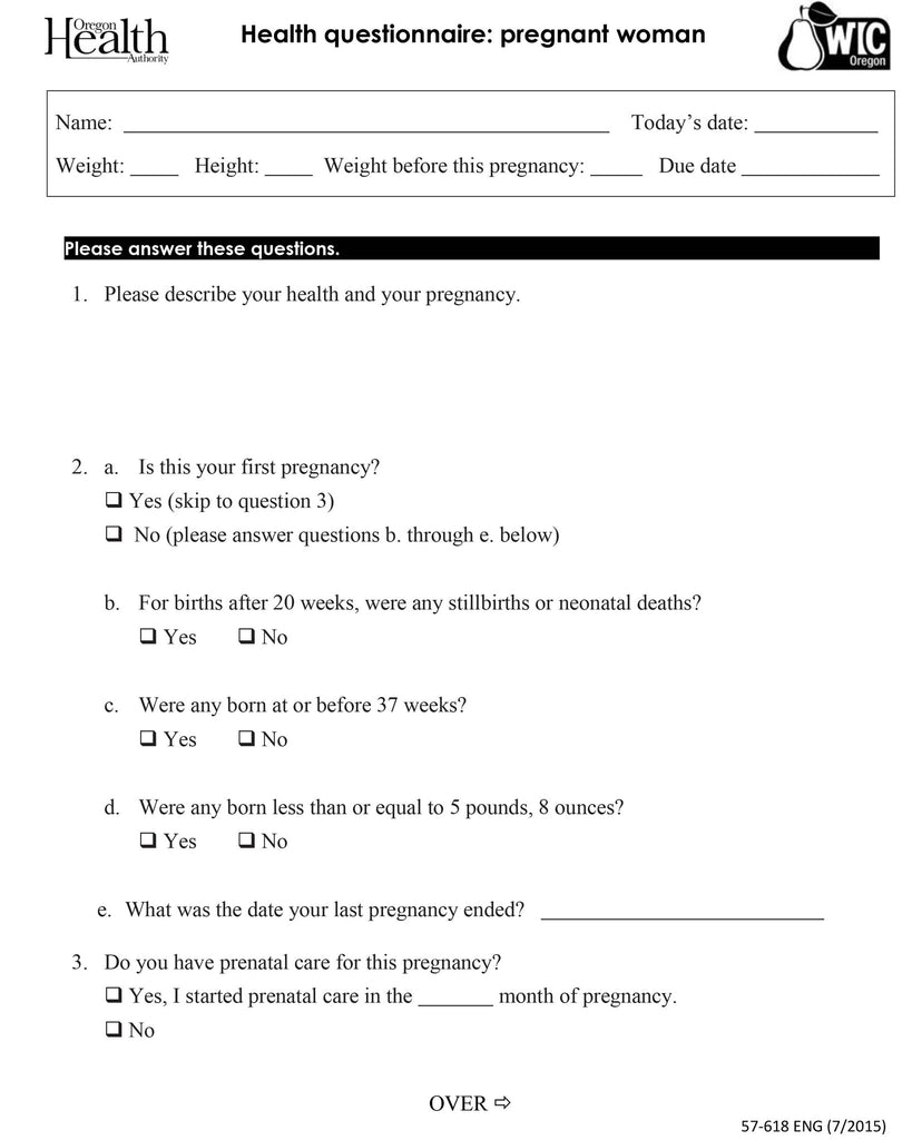 Health Questionnaire: Pregnant Woman - DOWNLOAD ONLY