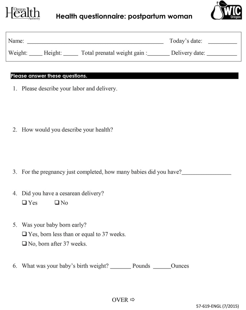 Health Questionnaire: Postpartum Woman - DOWNLOAD ONLY