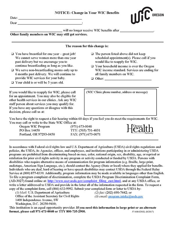 Change in WIC Benefits Notice - DOWNLOAD ONLY