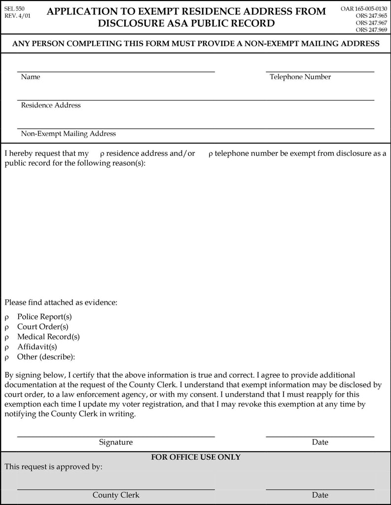 Application to exempt residence address from disclosure as a public record - DOWNLOAD ONLY