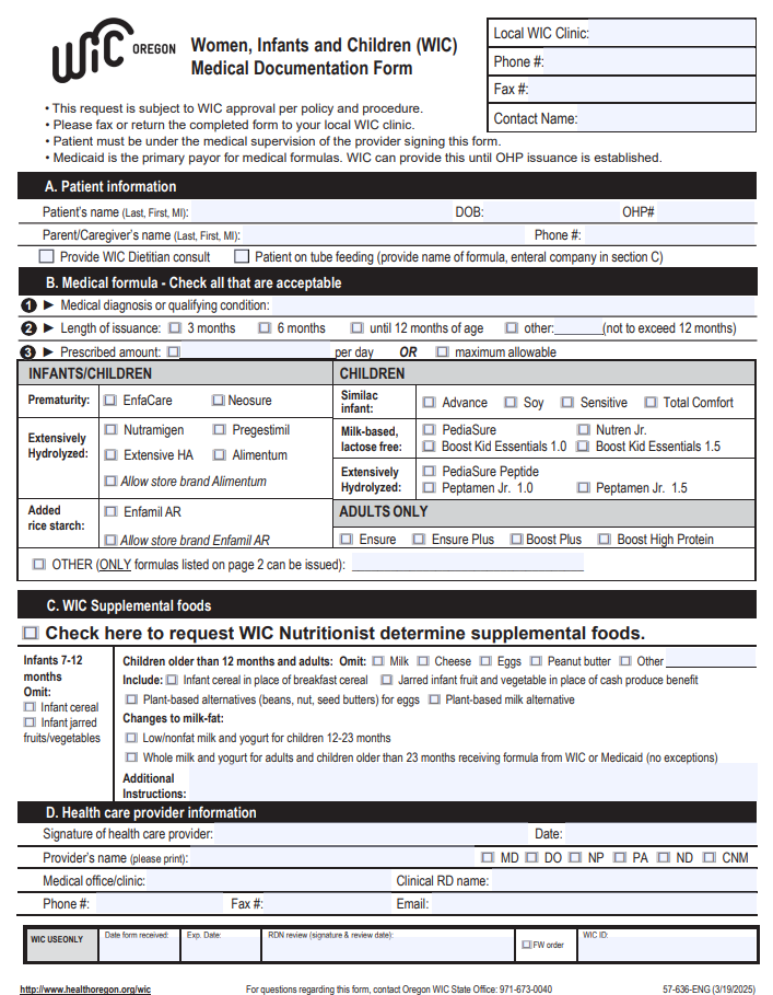 Wic Rx Form WIC Medical Documentation Form (MDF) – Oregon WIC