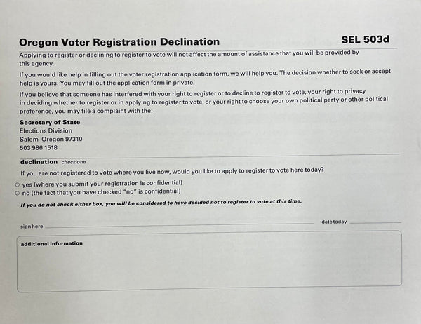 Oregon Voter Registration Declination Only (SEL-503d and SEL-503da)