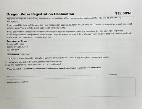 *OUT OF STOCK* Oregon Voter Registration Declination Only (SEL-503d and SEL-503da)