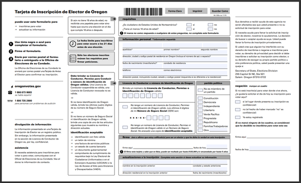 Oregon Voter Registration Card with Declination (SEL-503 and SEL-503a)