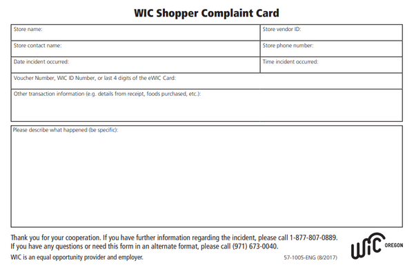 WIC Shopper Complaint Card