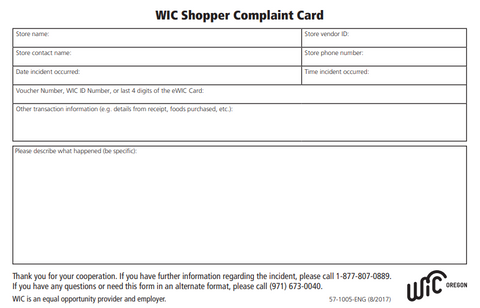 WIC Shopper Complaint Card