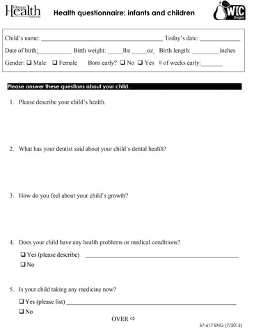 Health questionnaire: infants and children - DOWNLOAD ONLY