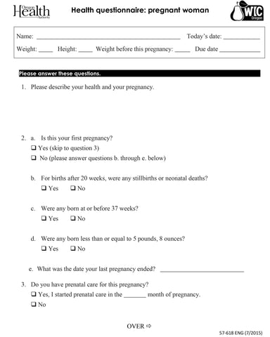 Health questionnaire: pregnant women - DOWNLOAD ONLY