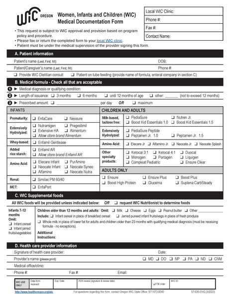Medical documentation request for medical formula and supplemental foods