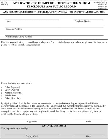 Application to exempt residence address from disclosure as a public record - DOWNLOAD ONLY